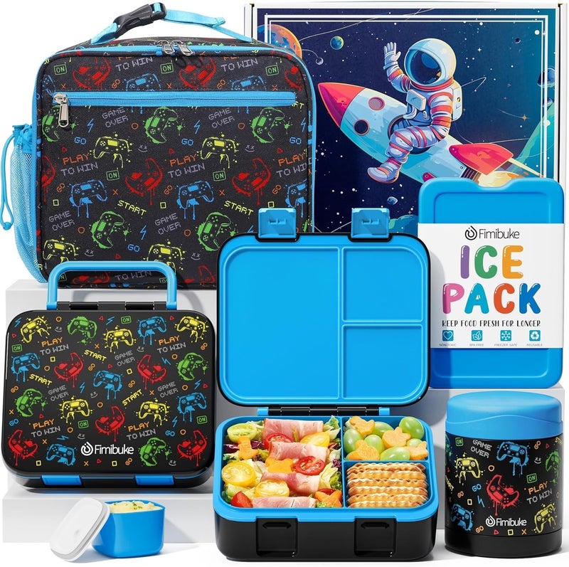 Fimibuke Bento Lunch Box for Kids, 3-Compartment 32OZ Snack Lunch Container, Lunch Bag, 12OZ Insulated Food Jar & Ice Pack Set for Age 3-12 School Daycare Toddler Teen Girls Boys, Gamepad - Image 1